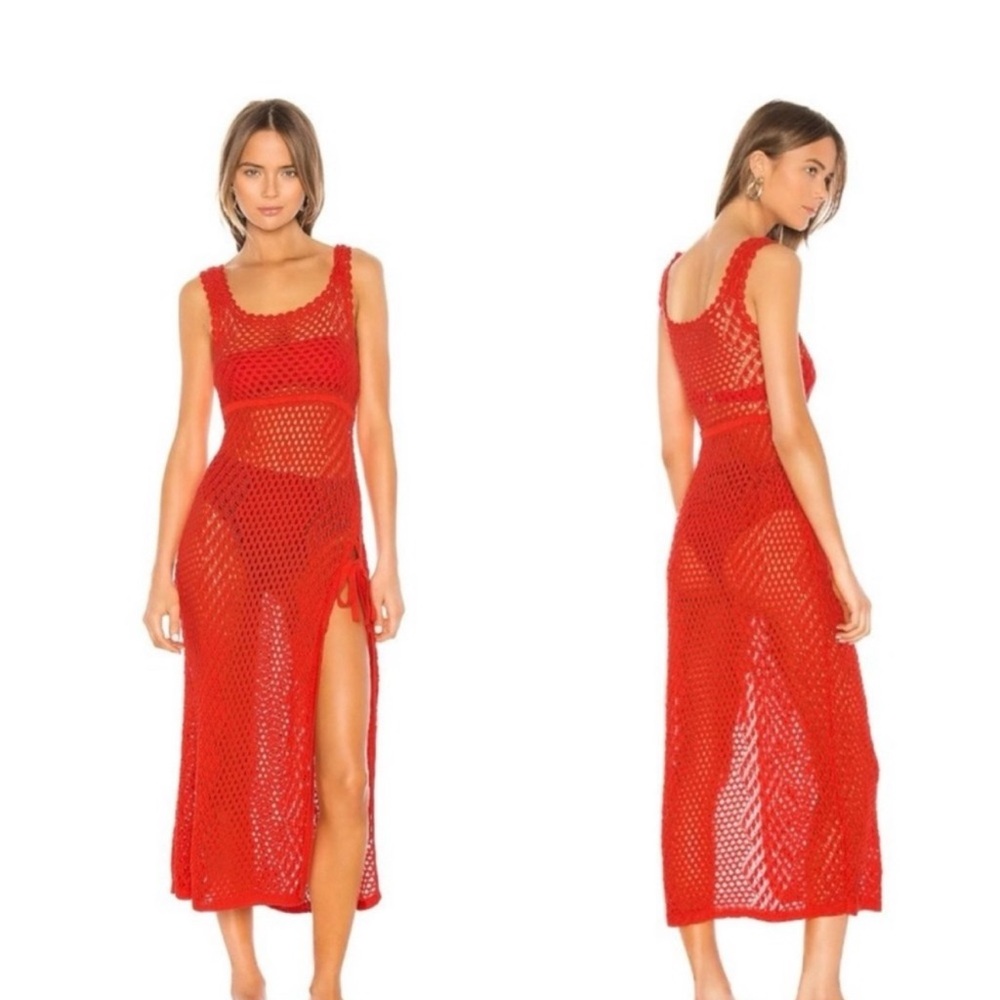 Camila Coelho Athena Crochet Dress in Coral Red